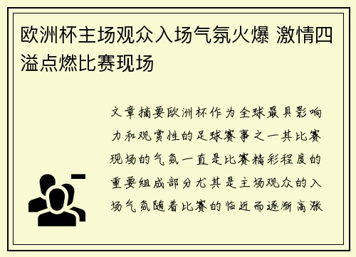 欧洲杯主场观众入场气氛火爆 激情四溢点燃比赛现场
