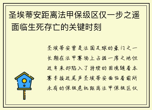圣埃蒂安距离法甲保级区仅一步之遥 面临生死存亡的关键时刻