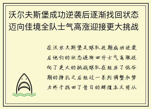 沃尔夫斯堡成功逆袭后逐渐找回状态迈向佳境全队士气高涨迎接更大挑战