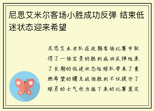 尼思艾米尔客场小胜成功反弹 结束低迷状态迎来希望