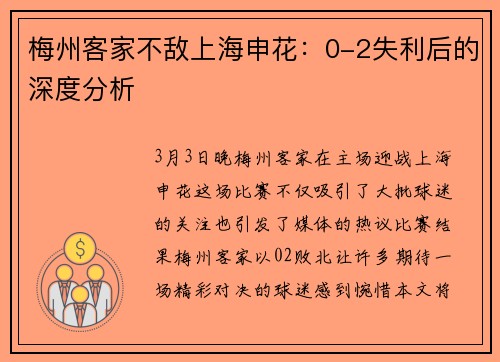 梅州客家不敌上海申花：0-2失利后的深度分析