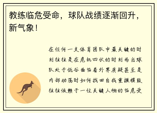 教练临危受命，球队战绩逐渐回升，新气象！