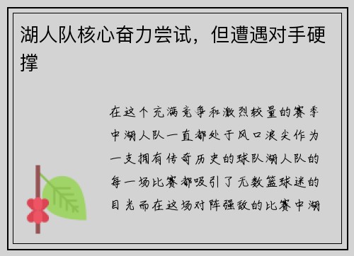 湖人队核心奋力尝试，但遭遇对手硬撑