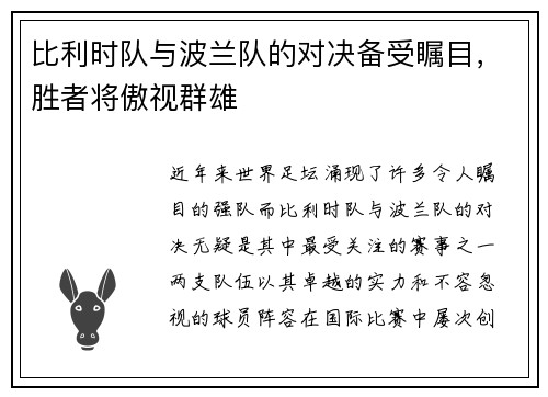 比利时队与波兰队的对决备受瞩目，胜者将傲视群雄