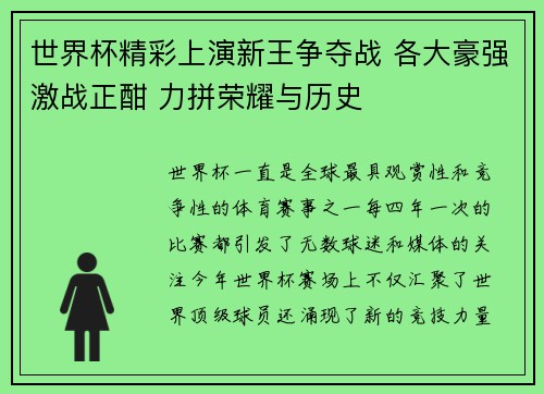 世界杯精彩上演新王争夺战 各大豪强激战正酣 力拼荣耀与历史