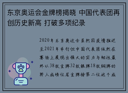 东京奥运会金牌榜揭晓 中国代表团再创历史新高 打破多项纪录