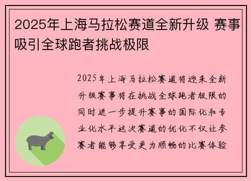 2025年上海马拉松赛道全新升级 赛事吸引全球跑者挑战极限