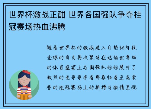 世界杯激战正酣 世界各国强队争夺桂冠赛场热血沸腾