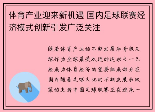 体育产业迎来新机遇 国内足球联赛经济模式创新引发广泛关注