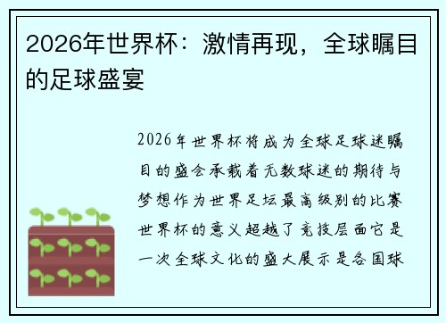 2026年世界杯：激情再现，全球瞩目的足球盛宴